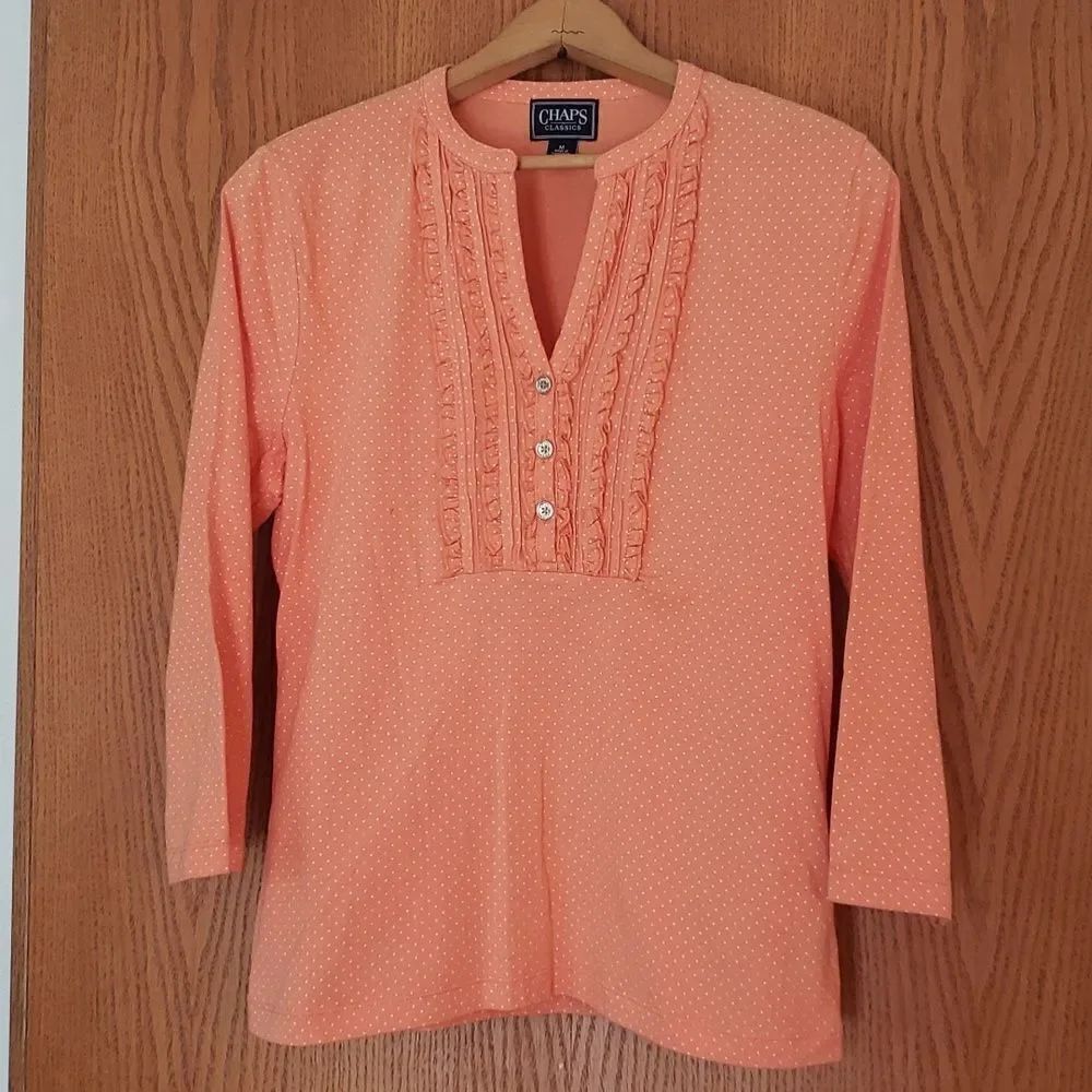 Pretty Chaps Ladies Top - Orange with White Polka Dots Sz M